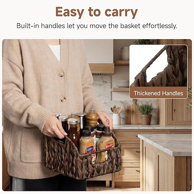 StorageWorks Pantry Baskets for Organizing, Water Hyacinth Storage Baskets for Shelves, Small basket with Built-in Handles, Pantry Organizers and Storage, Brown, Set of 2