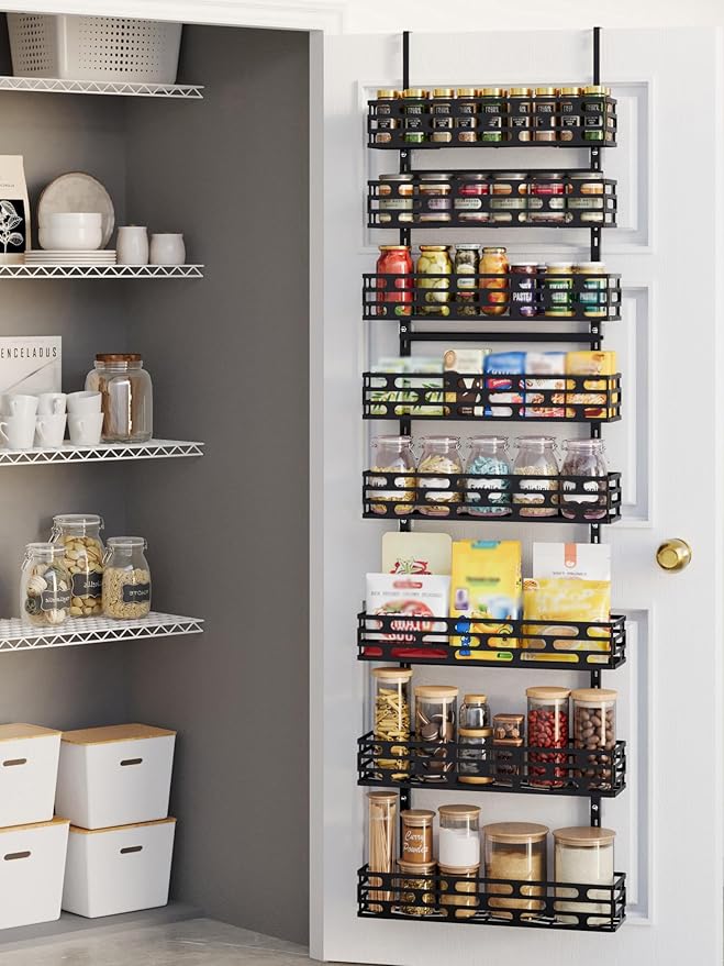 8-Tier Over The Door Pantry Organizer, Metal Pantry Organizers and Storage with Adjustable Basket, Seasoning Shelves for Home & Kitchen, Laundry Room Bathroom, Black