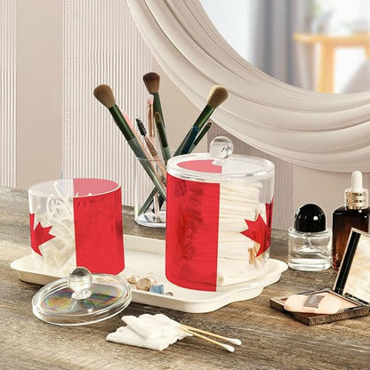 DOMIKING Canada Flag 2 Pack Bathroom Canisters Cotton Swab Holder Dispenser Plastic Cotton Ball Jar Acrylic Storage Containers for Cotton Swab Cotton Ball Cotton Round Pads