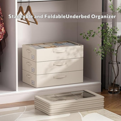 CYhom 3Pcs Under Bed Storage Bins with Metal Frame - Shoe Organizer for Closet with Clear Cover Oxford Fabric Sturdy Underbed Container Foldable Stackable Clothes Organizer (Beige, 23.5x11.8x6.3)