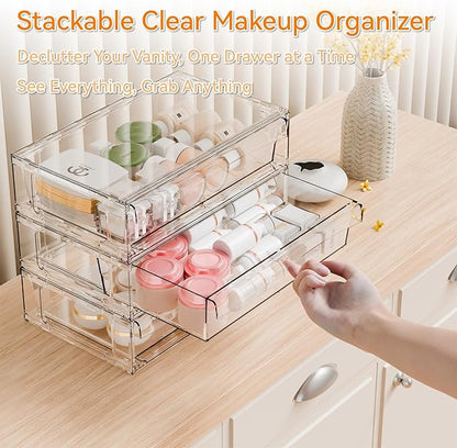 Yieach 12"W Clear Stackable Storage Drawers,3 Pack Pull Out Acrylic Drawers Organizer for Desk,Vanity,Bathroom,Plastic Office Supply Organizers And Storage Bins for Pen,Pencil,Craft,Sunglass,Medicine