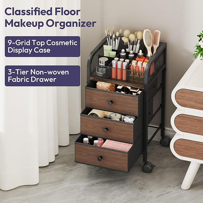 SWTYMIKI Rolling Makeup Organizer Cart - Under Desk Vanity Makeup Storage with 3 Non-woven Drawers, Nail Cart Organizer Cosmetic Display Cases Cabinet for Skin Care Perfume Nail Polish Brush Hair Tool