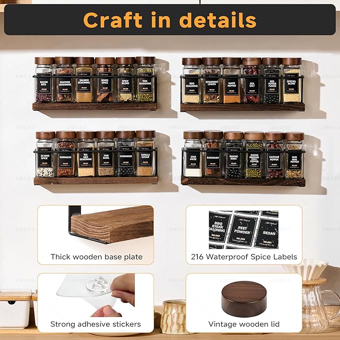4-Tier Wall Mount Spice Rack Organizer with 24 Glass Jars, 216 Labels & Funnel - Screw/Adhesive Mount, Black Metal & Wood Spice Storage for Kitchen Pantry Cabinet, 11.6”W x 2.4”D x 3.2”H