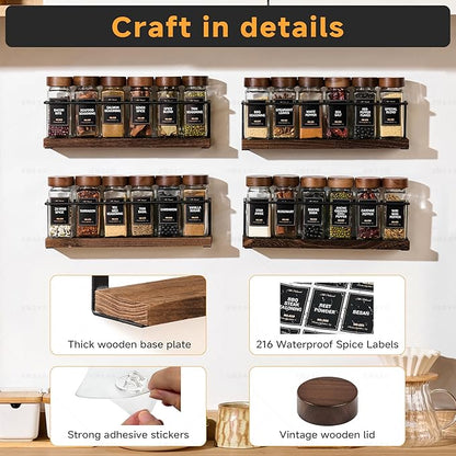 4-Tier Wall Mount Spice Rack Organizer with 24 Glass Jars, 216 Labels & Funnel - Screw/Adhesive Mount, Black Metal & Wood Spice Storage for Kitchen Pantry Cabinet, 11.6”W x 2.4”D x 3.2”H