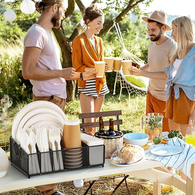 Large Paper Plate and Silverware Caddy for Countertop Party Picnic Camping, Plastic Cutlery Holder Organizer for Disposable Plate Cup Flatware Utensil Napkin, Black