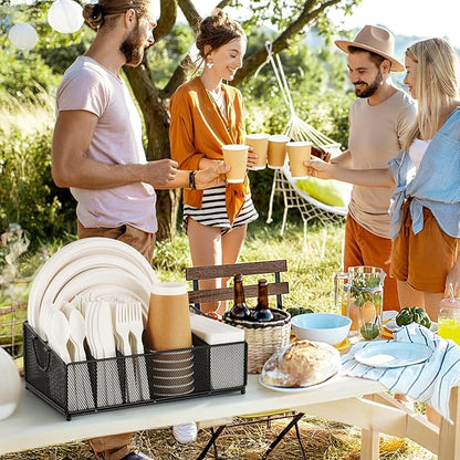 Large Paper Plate and Silverware Caddy for Countertop Party Picnic Camping, Plastic Cutlery Holder Organizer for Disposable Plate Cup Flatware Utensil Napkin, Black