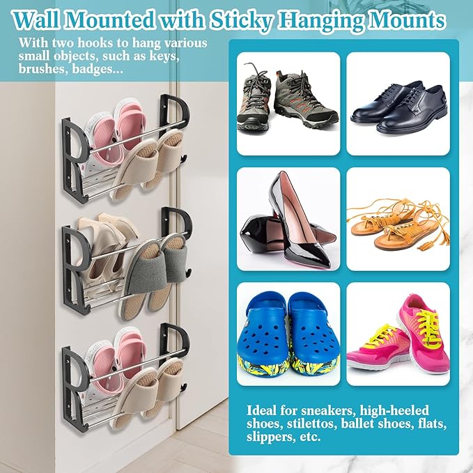 Ziliny 6 Pieces Wall Mounted Shoe Rack with Sticky Hanging Mounts Hanging Wall Shoe Storage Organizer Holder Shelf Hanger for Closet Door(15.7 x 8.7 x 4.3'')