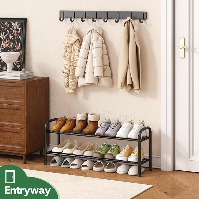 kiplant Shoe Rack for Closet, Black 2-Tier Expandable Closet Shoe Rack Metal Organizer, Heavy Duty Shoe Storage Shelf for Entryway, Doorway, Narrow Space
