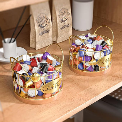 Coffee Pod Holder, Rustic K Cup Holder Organizer for Counter, Coffee Pods Storage Organizer for Coffee Bar Accessories Decor(Gold-02)