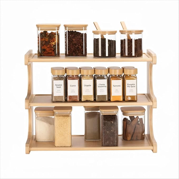 Spice Rack, 3-Tier Bamboo Spice Rack Organizer for Countertops - Kitchen, Pantry and Cupboard Storage Organizer