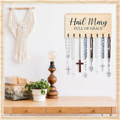 Colingmill Large Wooden Rosary Holder Wall Mounted with 8 Hangers Catholic Rosary Storage Organizer Decorative Hanger Holder for Necklace, Bracelet Prayer Storage (Natural)