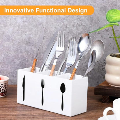 Cutlery Storage Organizer Silverware Caddy Utensil Holder Countertop Knife Spoon and Fork Organizer Kitchen 3 Section Tableware Storage Box Indoor Outdoor Party Tableware Holder (Black) (White)