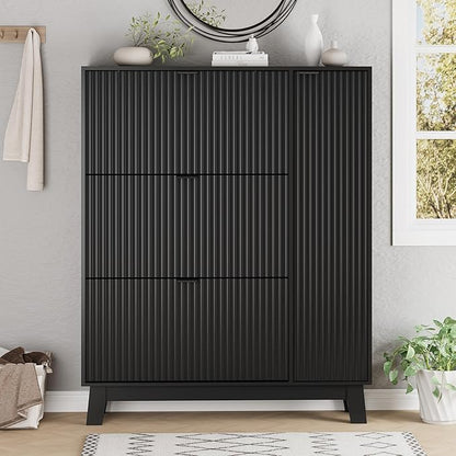 Xixini Shoe Cabinet with 3 Flip Drawers, 54" Tall Narrow Fluted Shoe Storage Organizer for Entryway, Hidden Wooden Shoe Rack with Adjustable Side Cabinet for Front Door Entrance, Hallway, Solid Black