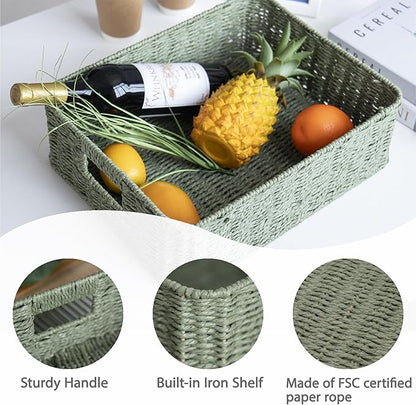 Drawer basket Handwoven Paper Rope Rectangular Shallow Basket Storage-15.35X12.01X4.72 Inches (Green)
