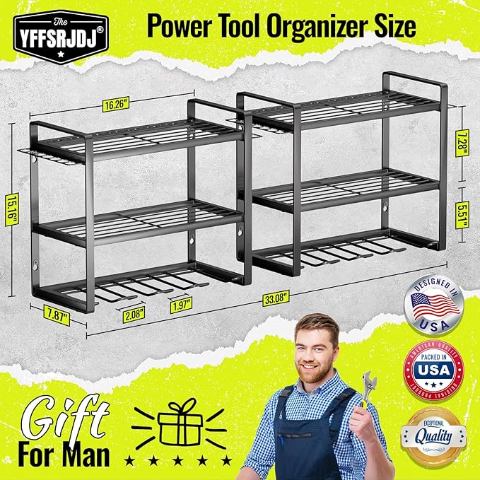 Power Tool Organizer Wall Mount 2 Pack, 4 Drill Holder, Garage Tool Storage and Organization Rack, Heavy Duty Wall Mounted Cordless Drill Organizer, Compatible with Ryobi Tools