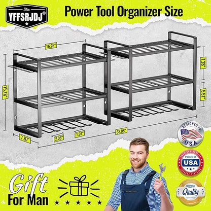 Power Tool Organizer Wall Mount 2 Pack, 4 Drill Holder, Garage Tool Storage and Organization Rack, Heavy Duty Wall Mounted Cordless Drill Organizer, Compatible with Ryobi Tools
