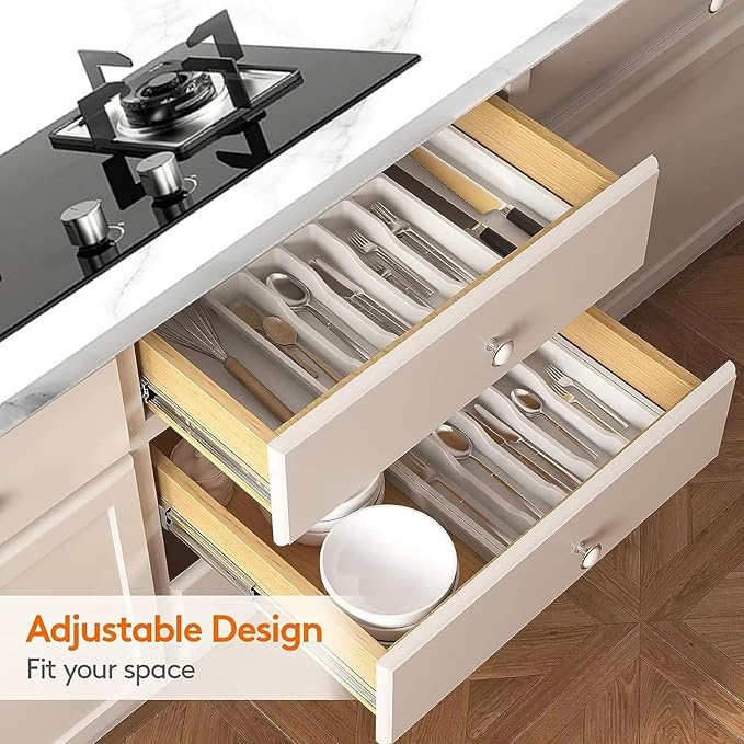 Silverware Drawer Organizer, Expandable Kitchen Drawer Organizer, Adjustable Cutlery Storage, Flatware and Cutlery Holder for Spoons Forks Knives (Black)