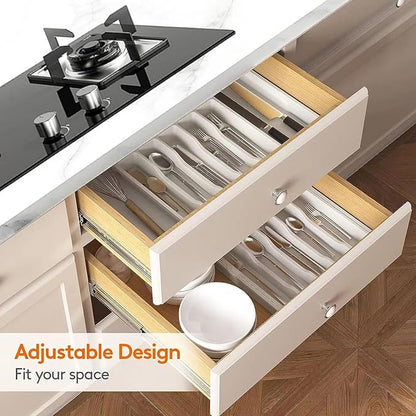 Silverware Drawer Organizer, Expandable Kitchen Drawer Organizer, Adjustable Cutlery Storage, Flatware and Cutlery Holder for Spoons Forks Knives (Black)