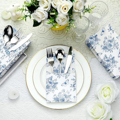 Sliner 50 Pieces White and Blue Floral Silverware Bags Paper Disposable Silverware Sleeves Blue Floral Cutlery Holder Chinoiserie Utensil Pouch Table Decoration for Wedding Cocktail Guest Tea Party