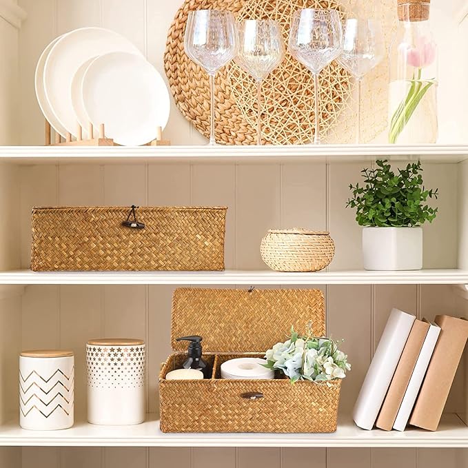 Hipiwe Seagrass Storage Basket Bin with Lid Rectangular Woven Shelf Baskets for Closets Pantry Bathroom Kitchen Shelf Organizing, Caramel,14.2" x 6.3''x 4.7''