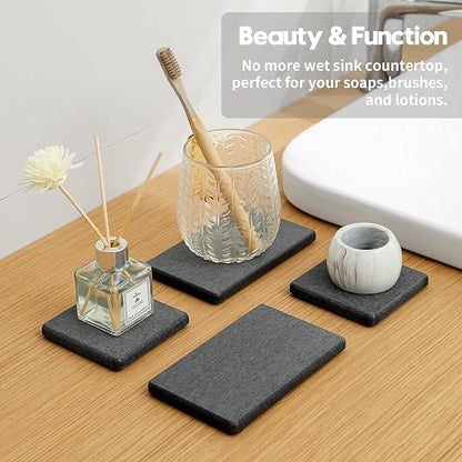 4PCS Water Absorbing Sponge Holder Diatomite Stone Sink Tray Mat, Quick Drying Kitchen & Bathroom Counter Tray Vanity Caddy, Diatomaceous Earth Dish Soap Dispenser Organizer, Dark Gray