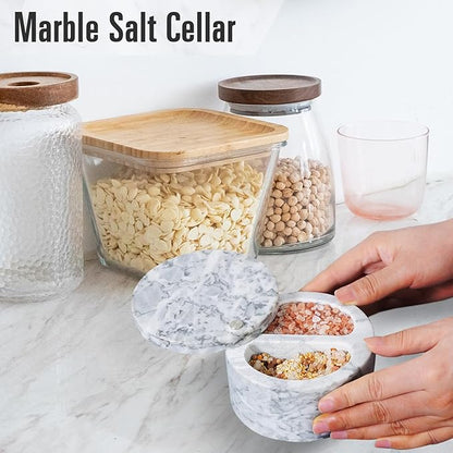 Salt Holder with Lid - Swivel Lid Marble Salt Cellar with Lid Two Compartments 6.3 Ounce Salt Containers for Countertop, White