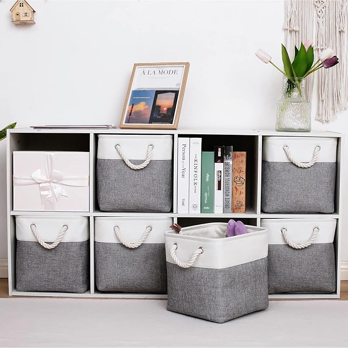 MidmmVick 11 x 11 Inch Cube Storage Bins, 6 Pack Large Collapsible Fabric Storage Bin with Ropes, Foldable Storage Cubes for Home, Office,Closet, Clothes, Toys Organizer (White & Grey-11"x11"x11")