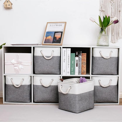 MidmmVick 11 x 11 Inch Cube Storage Bins, 6 Pack Large Collapsible Fabric Storage Bin with Ropes, Foldable Storage Cubes for Home, Office,Closet, Clothes, Toys Organizer (White & Grey-11"x11"x11")