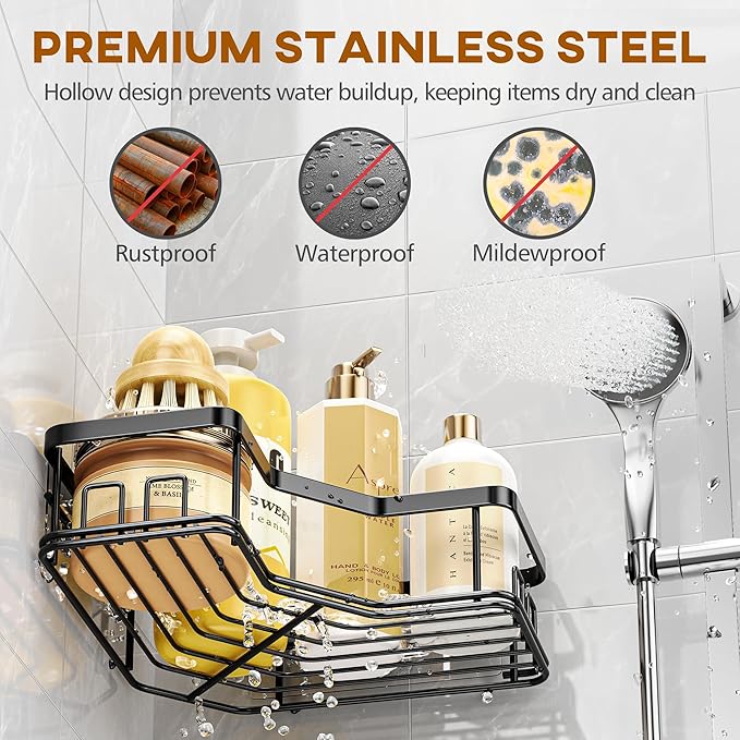 MAXIFFE 3 Pack Corner Shower Caddy with Soap Holder, Large Capacity and Easy Install, No Drilling Shower Shelves, Stainless Steel Shower Organizer Hold 40 LBS for Family Renters, Black