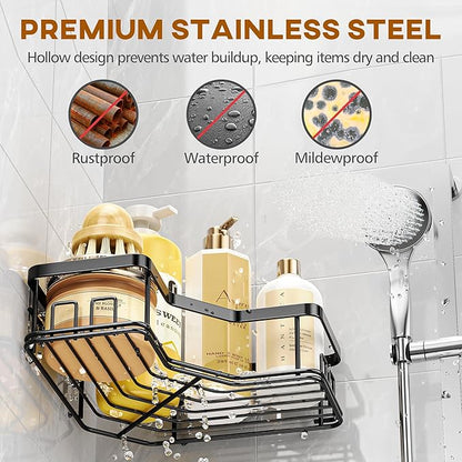 MAXIFFE 3 Pack Corner Shower Caddy with Soap Holder, Large Capacity and Easy Install, No Drilling Shower Shelves, Stainless Steel Shower Organizer Hold 40 LBS for Family Renters, Black