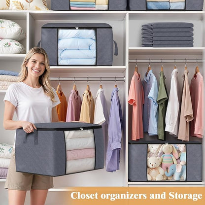 Fab totes 6 Pack Storage Bags for Clothes and Blanket, Foldable Closet Organizers and Storage with Zippers, Clear Window and Handles, Fabric Storage Bins for Sweater, Comforter, Bedding,Linen Sheets