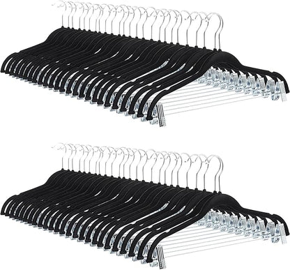 Amazon Basics Velvet Non-Slip Skirt Clothes Hangers with Clips, 360 Degree Rotatable Hook, Sturdy Construction, Organize Pants and Skirts, Black/Silver, 50-Pack