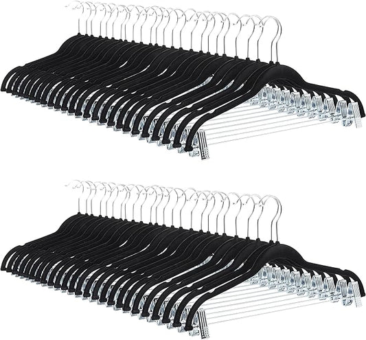 Amazon Basics Velvet Non-Slip Skirt Clothes Hangers with Clips, 360 Degree Rotatable Hook, Sturdy Construction, Organize Pants and Skirts, Black/Silver, 50-Pack