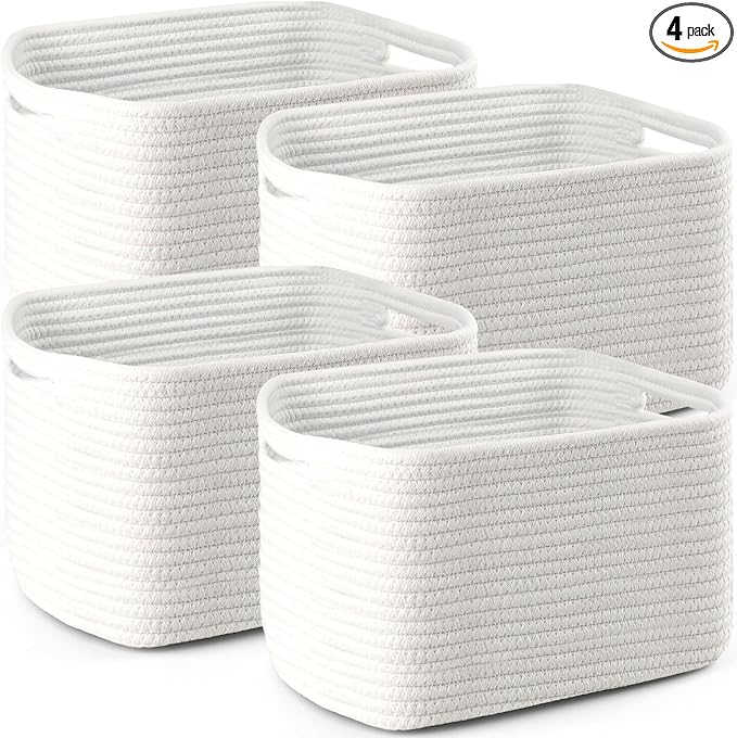 4 Pack Storage Baskets for Organizing, 12''Lx9''Wx8''H Woven Baskets for Storage Toys, Towels, Books, and Clothes, Cotton Rope Basket for Shelves with Handle White & Brown