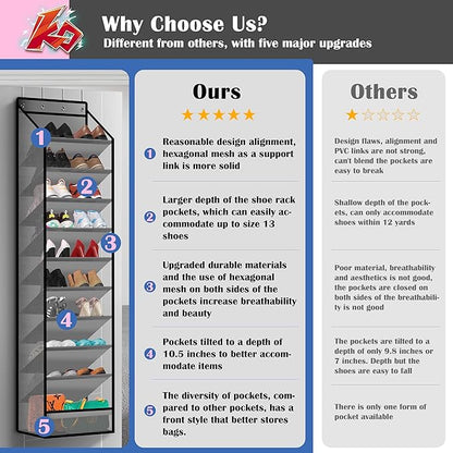 10 - Pocket Over - the - Door Hanging Shoe Organizers & Rack, Made of Sturdy 600D Oxford + Non - Woven Fabric, Space - Saving Storage for Shoes, Boots & More (Gray)