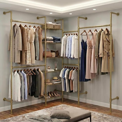 F4 Wall Mounted Closet System, Industrial Pipe Clothing Rack for Hanging Clothes, Heavy Duty Closet Organizer System, Clothes Racks with Shelves & Expandable Rod for Wardrobe, Corner, Gold