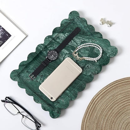 Real Natural Scalloped Marble Tray for Bathroom, Vanity, Kitchen and Desktop, Decorative Stone Tray for Jewelry, Cosmetics, Candles, Lotion, Perfume and Home Décor (Dark Green, 12" x 8")