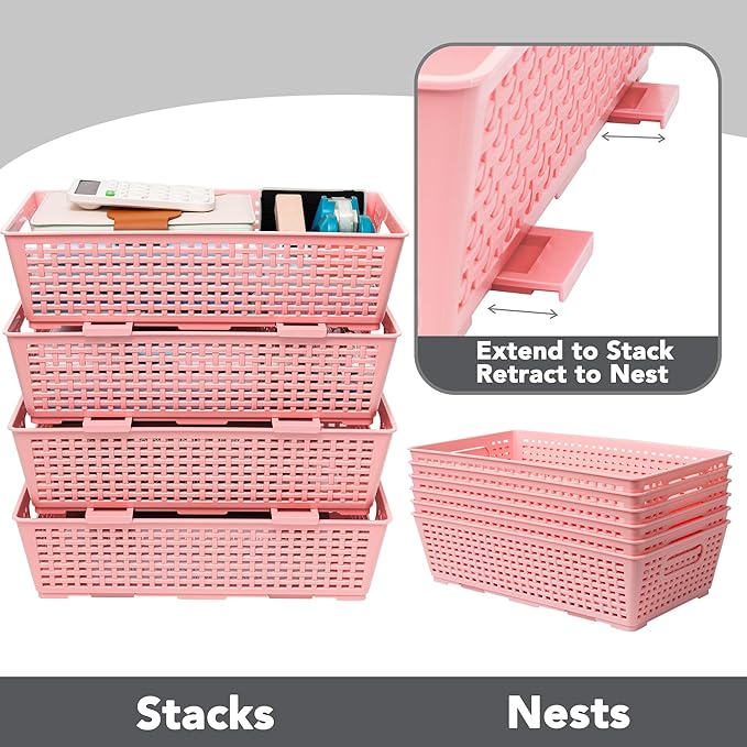 Tiawudi Stackable Woven Plastic Basket, Storage Bins for Cabinet, Closet, Shelf, Under Sink and Countertop, Pantry Organizer Bins, 6 Pack