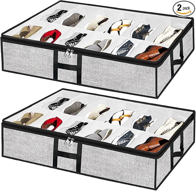 Under Bed Shoe Storage Organizer for Closet 2 Pack- Fits 24 Pairs Underbed Shoes Container Boxes, Light Grey
