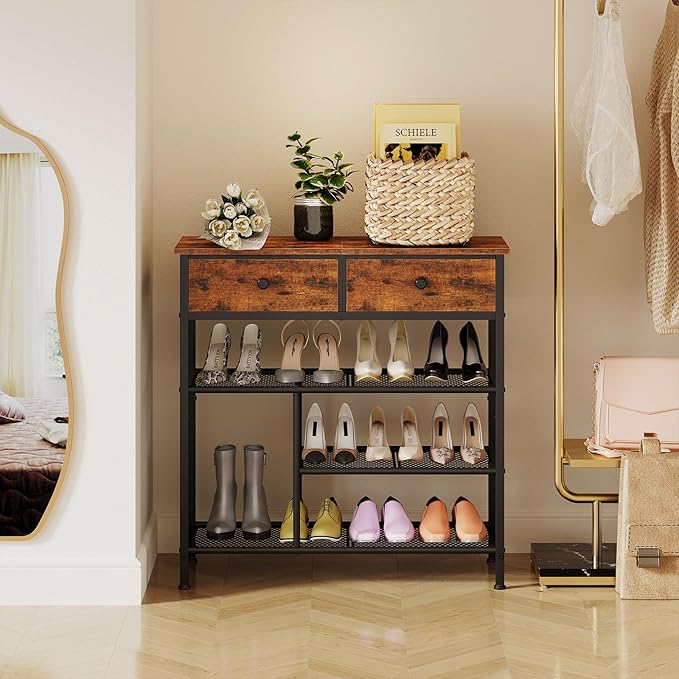 Snughome Shoe Rack for Entryway, 4 Tier Shoe Organizer with 2 Non-Woven Drawers, Shoe Storage Shelves with Sturdy Wooden Top and Metal Shelves, Shoe Stand for Closet