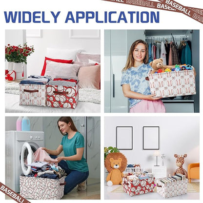 Boao 4 Pack Baseball Storage Baskets for Gifts Empty Collapsible Laundry Storage Bins with Handles Foldable Boxes for Home Bedroom Office Holiday Toy Clothes Containers