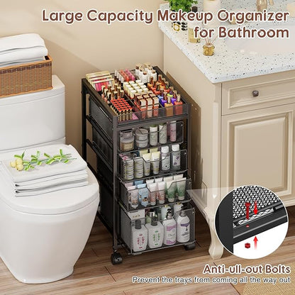 5-Tier Rolling Makeup Cart Organizer with 4 Drawers, Cosmetics Display with Dividers, Floor Skincare Storage with Wheels, Versatile Vanity Organizer for Nail Polish Perfume Brush Hair Tool, Black
