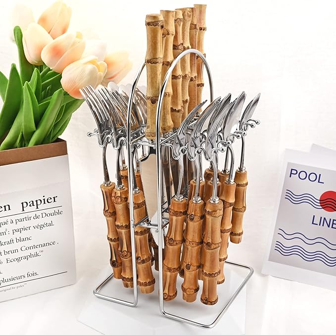 24-Piece Bamboo Flatware Set, Silver Stainless Steel Tableware Set With Cutlery Holder, Kitchen Utensils For Home And Restaurant Daily Use, Mirror Polish, Service For 6
