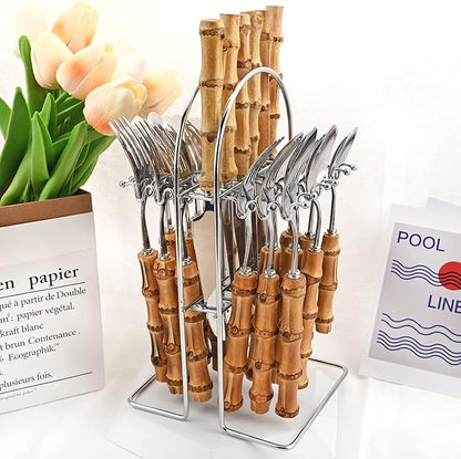 24-Piece Bamboo Flatware Set, Silver Stainless Steel Tableware Set With Cutlery Holder, Kitchen Utensils For Home And Restaurant Daily Use, Mirror Polish, Service For 6