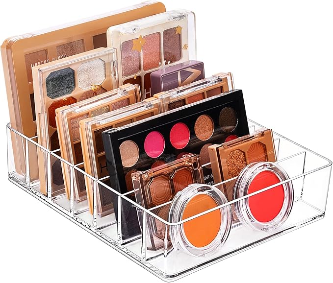 JessLab Makeup Organizer for Eyeshadow Palette and Lipstick, 7-Section Acrylic Divided Cosmetics Storage for Bathroom Vanity Countertop, Transparent, X-Large