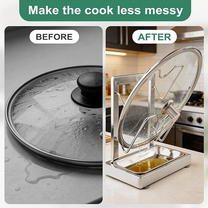Pot lid holder within reach while cooking: 2-Layer Stainless Steel Pot Lid holder with removable drips collecting tray, Pot Lids Storage Rack, Pot Lids Organizer for various pot sizes and handles.