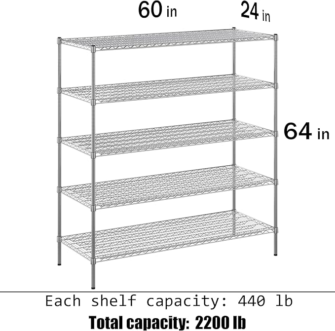 24" Deep x 60" Wide x 64" Height Wire Shelving Kit | 5-Tier | NSF Commercial Storage Rack Unit