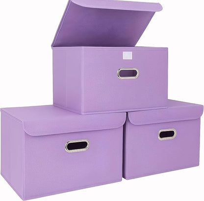 STOREONE Fabric Storage Cube Bins Foldable Organizer Container Collapsible Basket with Lids and Metal Handles, for Home, Bedroom, Closet 3 Pcs (multicolour-purple)