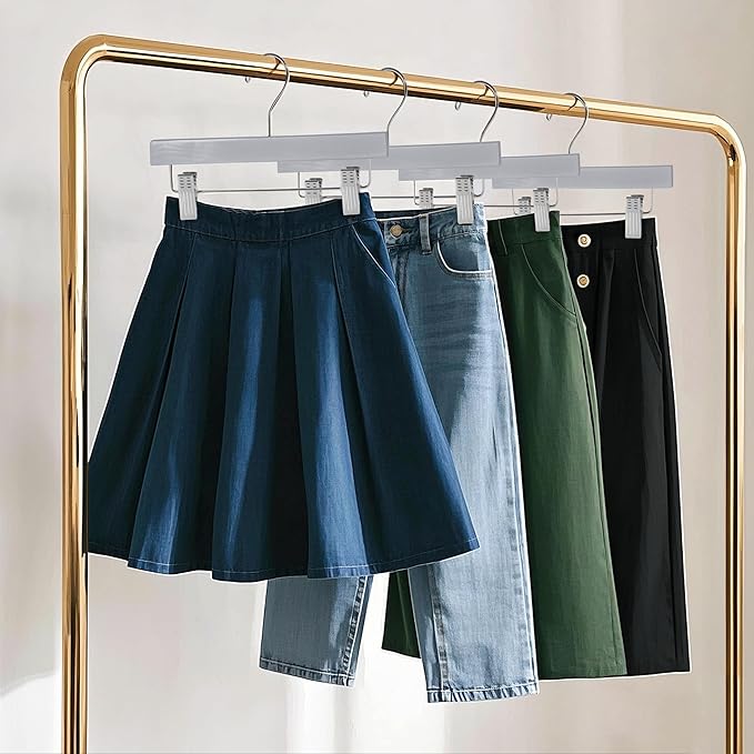 Quality Hangers Wooden Pants Hangers - 100-Pack Swivel Hook Cloth Hanger Set - Lotus Wood Skirt, Pant, Shorts and Slack Hangers with Adjustable Clip – Grey Clothing Hanger Set (Gray, 100)