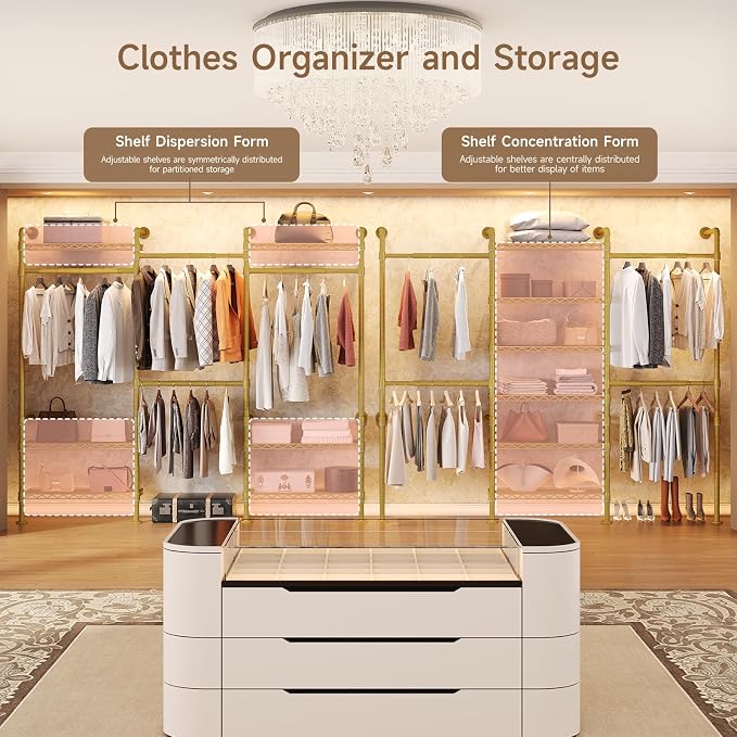 Wall Mounted Garment Rack, Walk-in Closet System with Expandable Rods, Adjustable Shelves, Industrial Pipe Clothing Racks, Hanging Clothes Organizers and Storage, Metal Closet Shelving Wardrobe